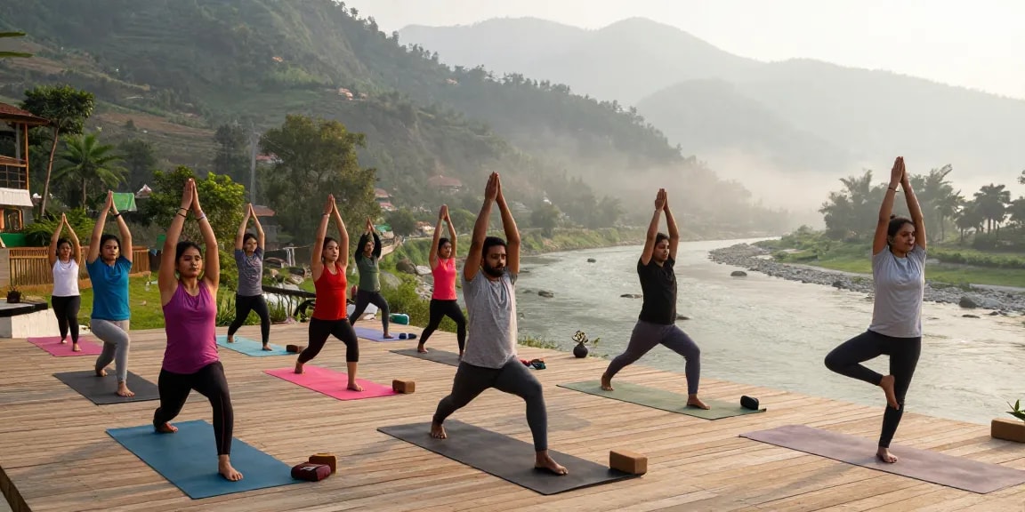 Yoga teacher training course in Rishikesh with diverse students practicing yoga poses by the Ganges River, showcasing a serene Himalayan backdrop.