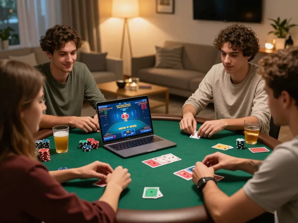 Friends enjoying interactive poker session at home inspired by iwin, cards and chips visible.