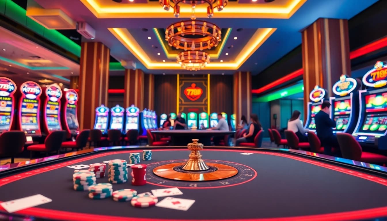 Experience the excitement of playing at 789F's vibrant casino tables with poker chips and cards.