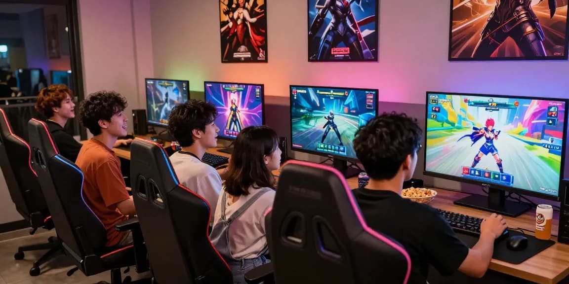 Group enjoying online hentai games in a vibrant gaming lounge