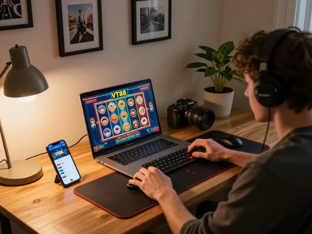 Player enjoying an exciting VT88 online casino game on a laptop, showcasing immersive gaming experience.