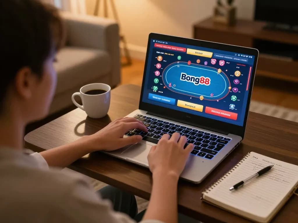 Bong88 user strategizing in a cozy home environment while playing online poker.