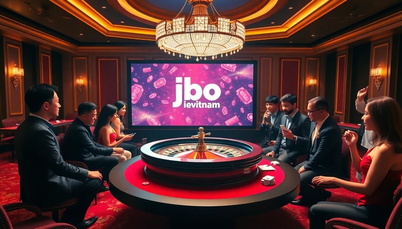 Engage in thrilling gameplay at JBO Vietnam's luxurious casino, featuring vibrant roulette tables and eager players.