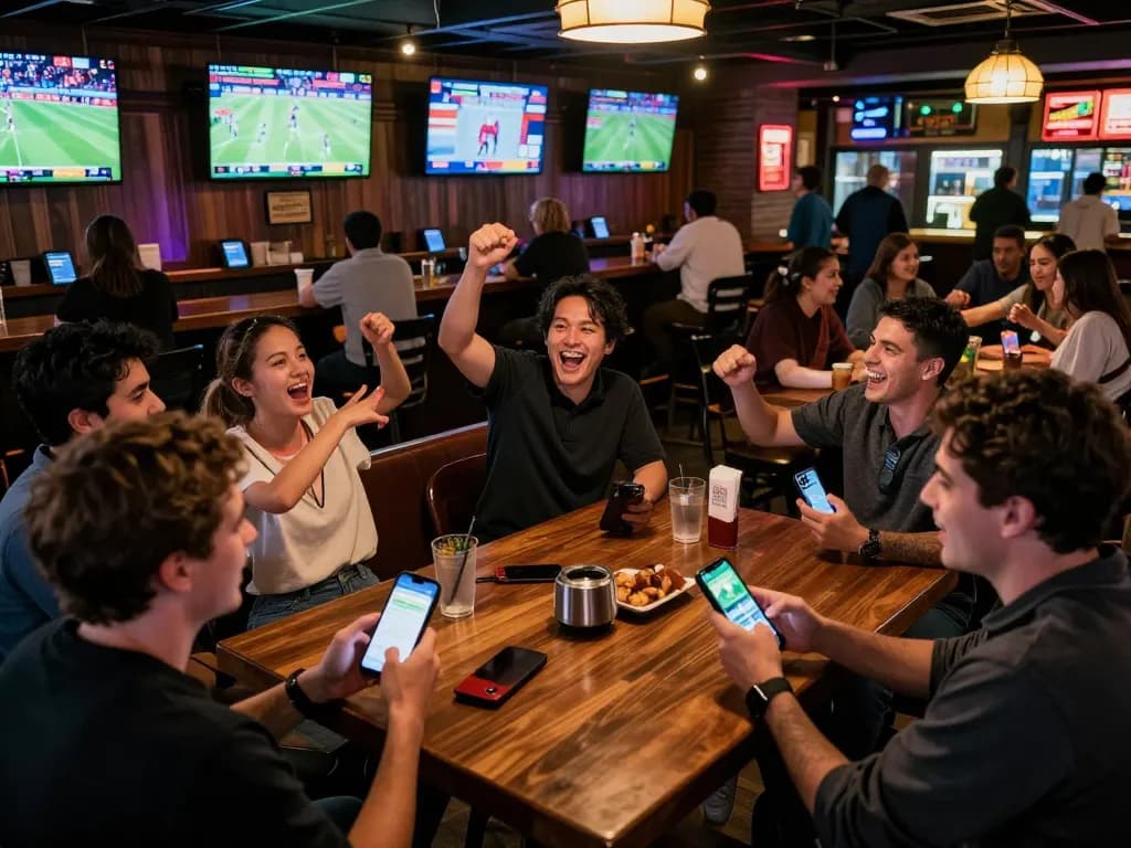 Engaged bettors using smartphones for de bet in a lively sports bar atmosphere
