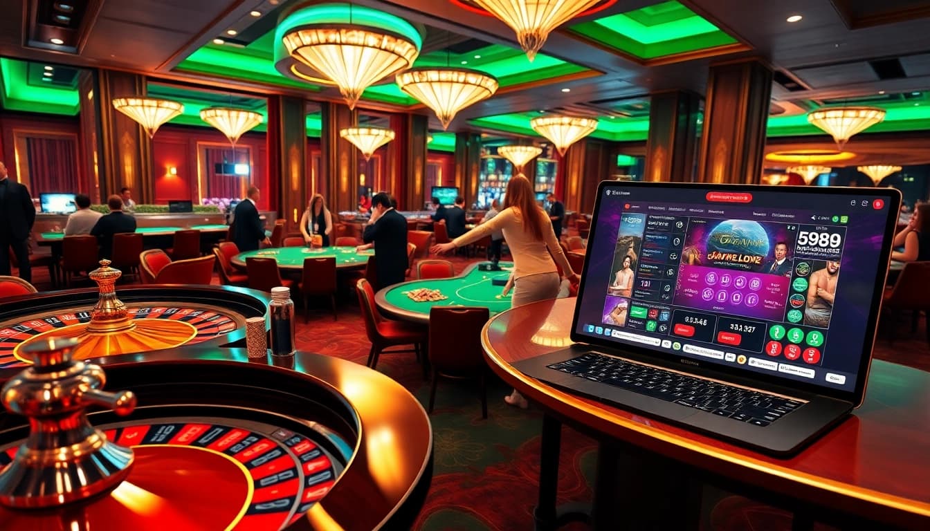 Captivating casino atmosphere featuring diverse gambling activities and the 69vn.gb.net online gaming interface.