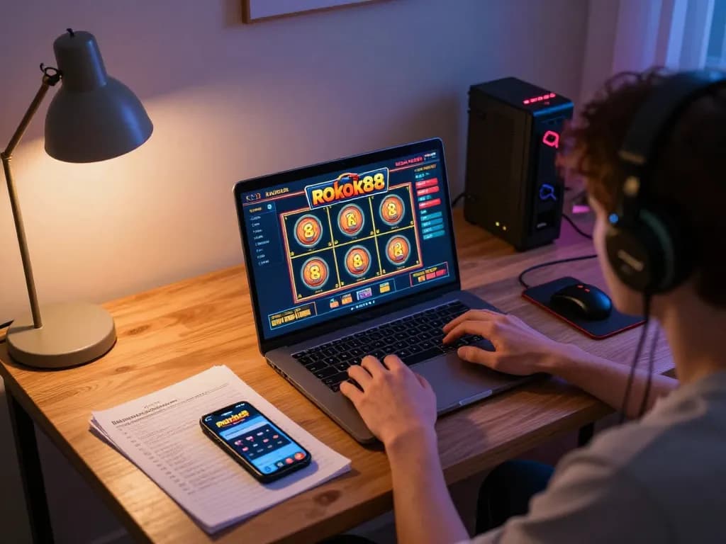 Engaged player enjoying a rokok88 slot game on a laptop with strategic notes nearby.