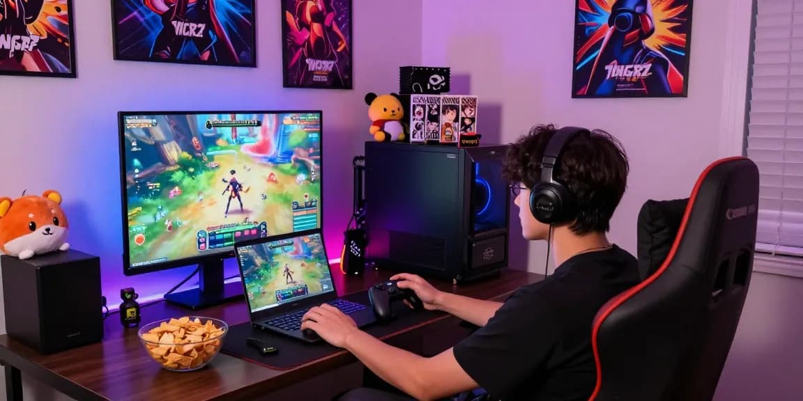 Enjoying a real hentai game in a colorful gaming lounge with LED lights and immersive atmosphere.