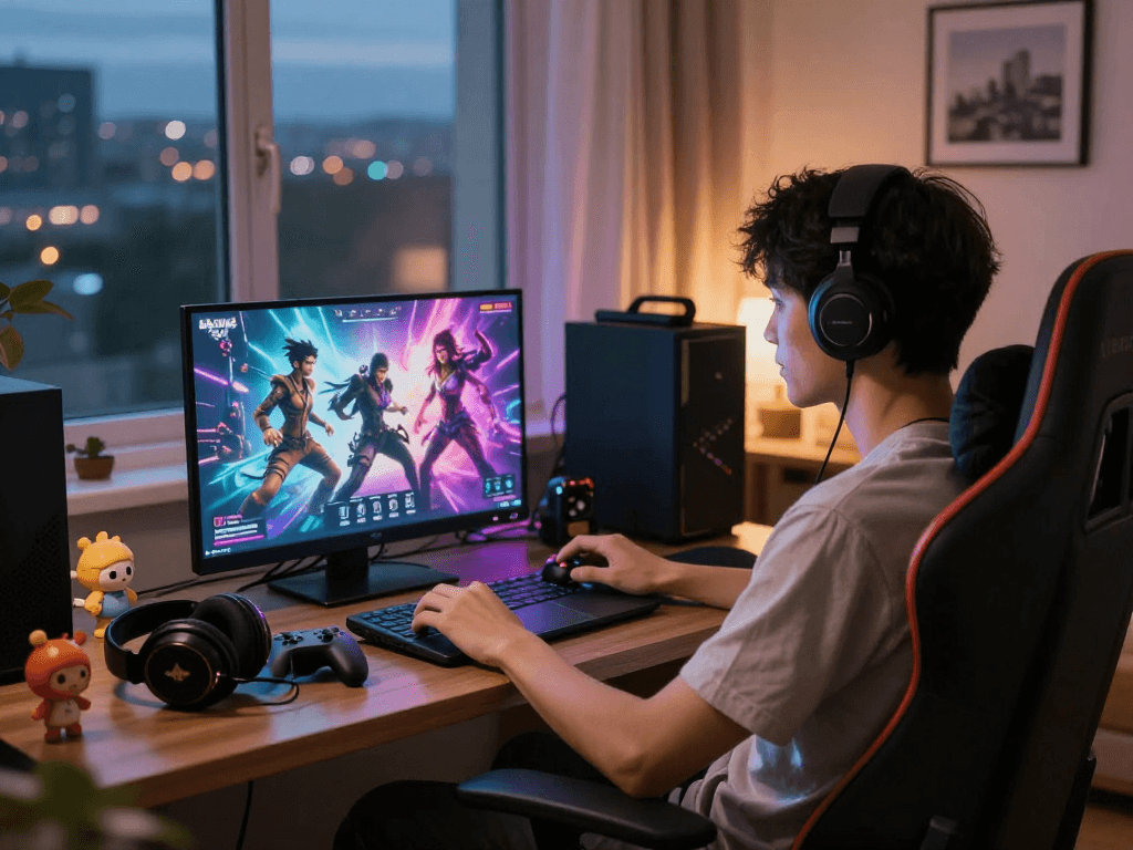 Engaged user enjoying AI porn games on a laptop in a cozy room with ambient lighting.