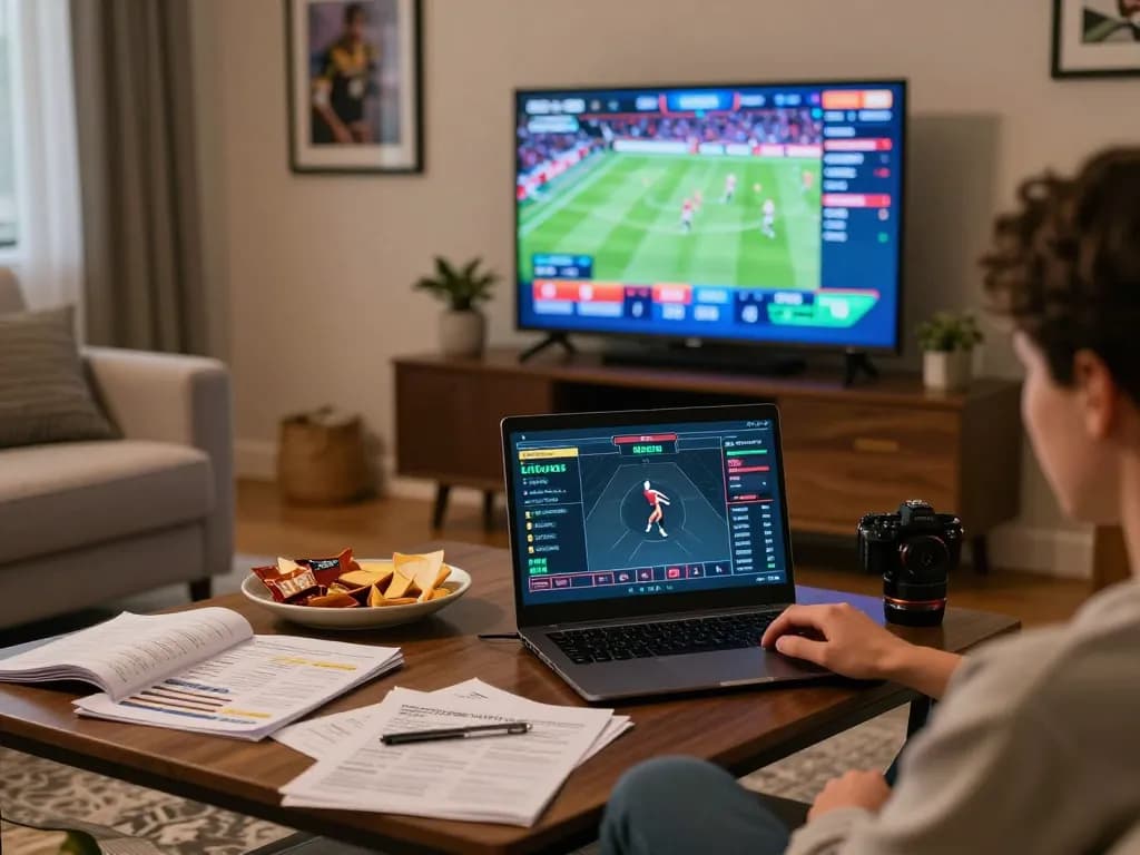 Engaging in online sports betting on laptop at home with Fly88 betting interface visible.