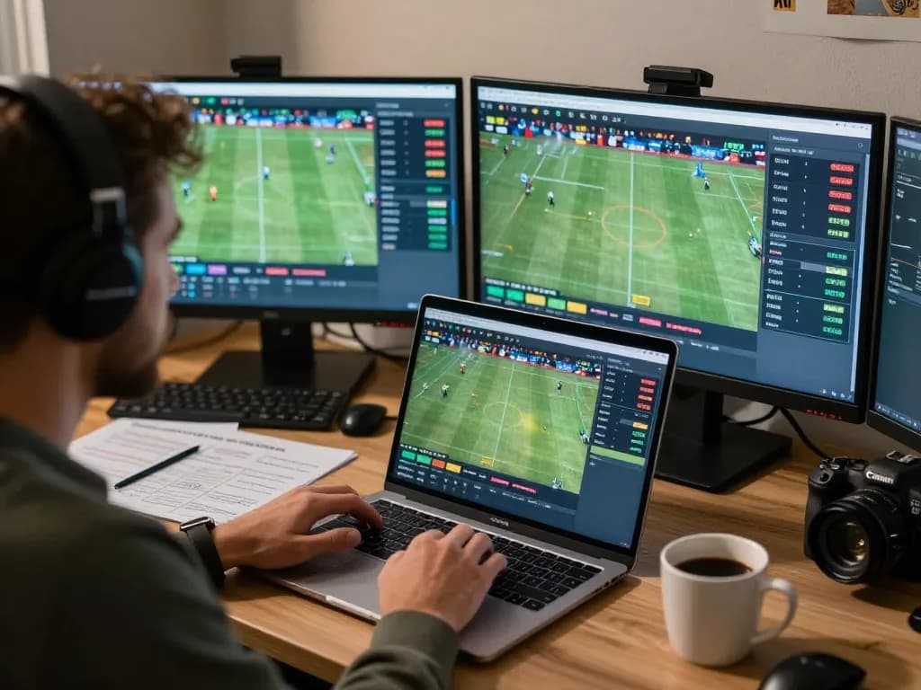 Engaged bettor analyzing soi keo nha cai on multiple screens during an online sports betting session.
