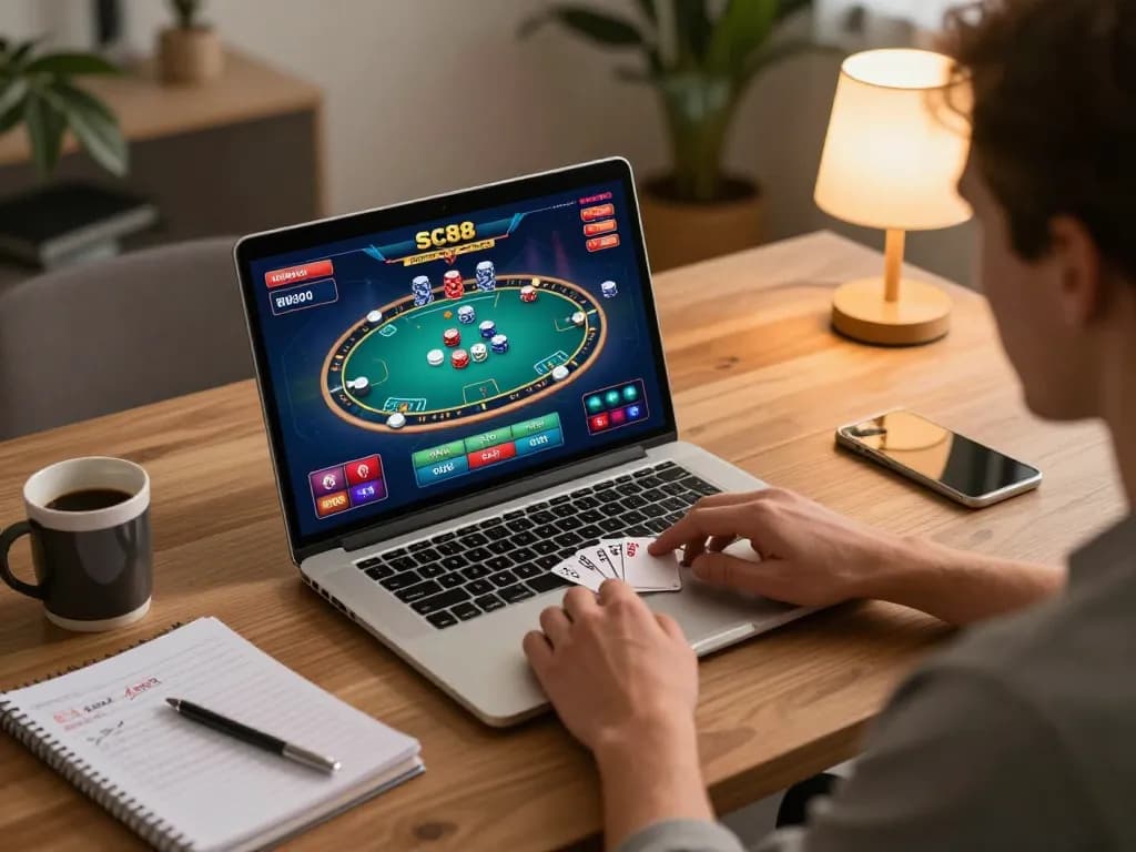 Player enjoying online poker on SC88, showcasing betting options and game action in a cozy home setting.