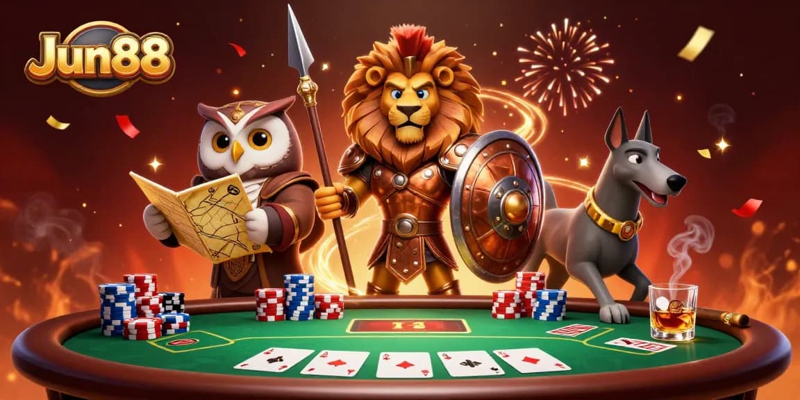 Engage in exciting gaming with Jun88's captivating scene featuring a Spartan lion, owl strategist, and greyhound messenger.