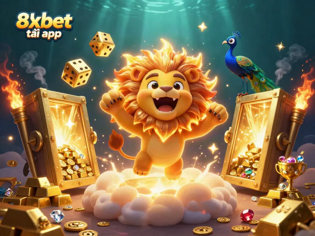 Experience the excitement of 8xbet tải app with a vibrant 3D casino-themed illustration showcasing a roaring lion and golden treasures.