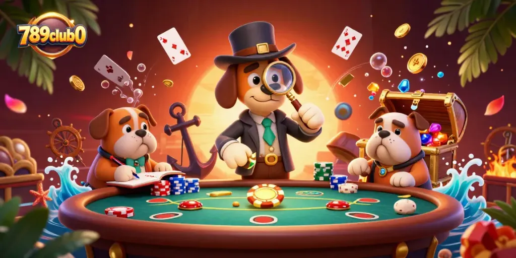 Engage with exciting games at 789club0, featuring a detective uncovering poker chips and treasures.