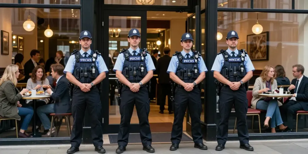 Private Security professional safeguarding a welcoming local venue in London, ensuring guest safety, reliable service.