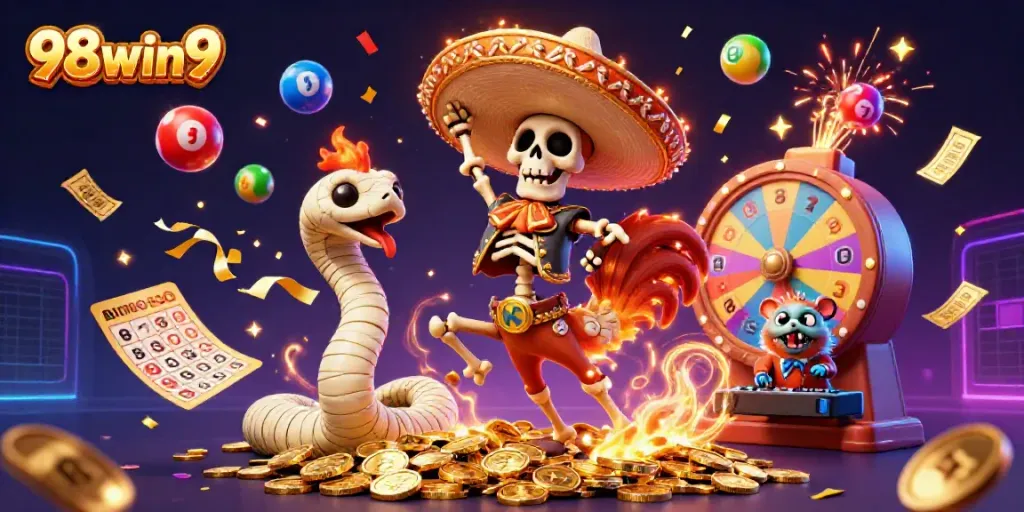 Win big with 98win9's vibrant casino-themed celebration featuring dynamic game elements.