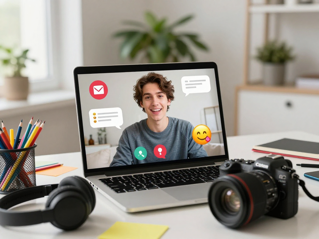 Person enjoying spicychat video conversation with lively emojis in a vibrant home setting.