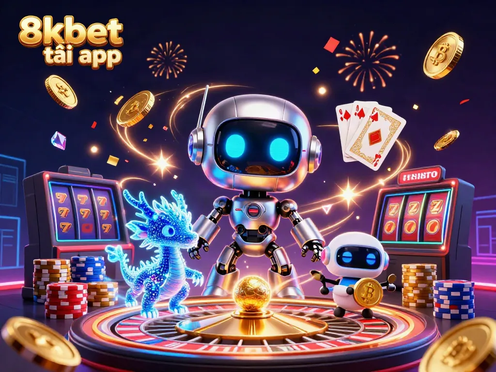 Win big with 8xbet tải app in a vibrant casino setting featuring robots and rich game elements.