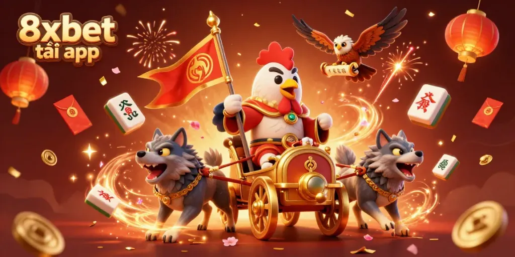 Engage with 8xbet tải app in this vibrant 3D scene featuring a rooster warlord and gold elements.