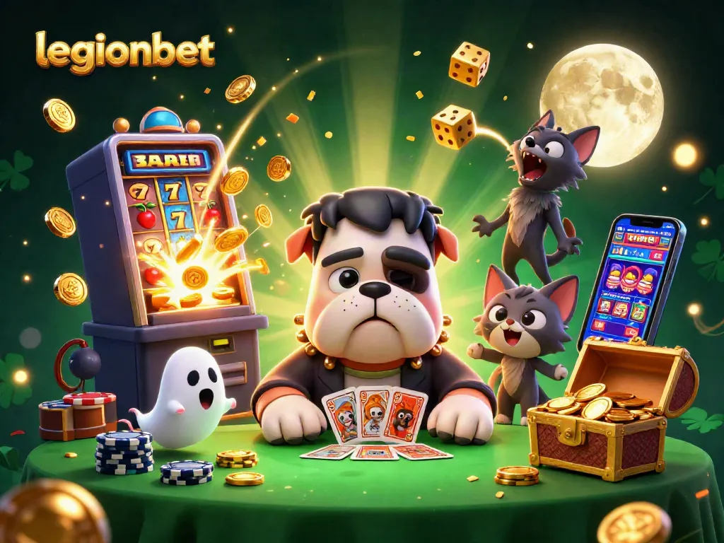 Engage with the excitement of legionbet as a Frankenstein bulldog masterfully deals cards amidst a colorful casino scene.