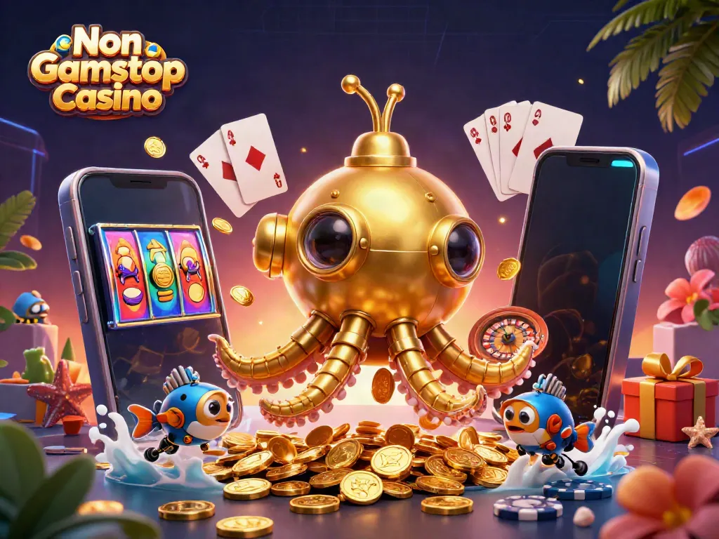 Experience the thrill of Non Gamstop Casino with a vibrant kraken submarine illustration showcased with slot games.