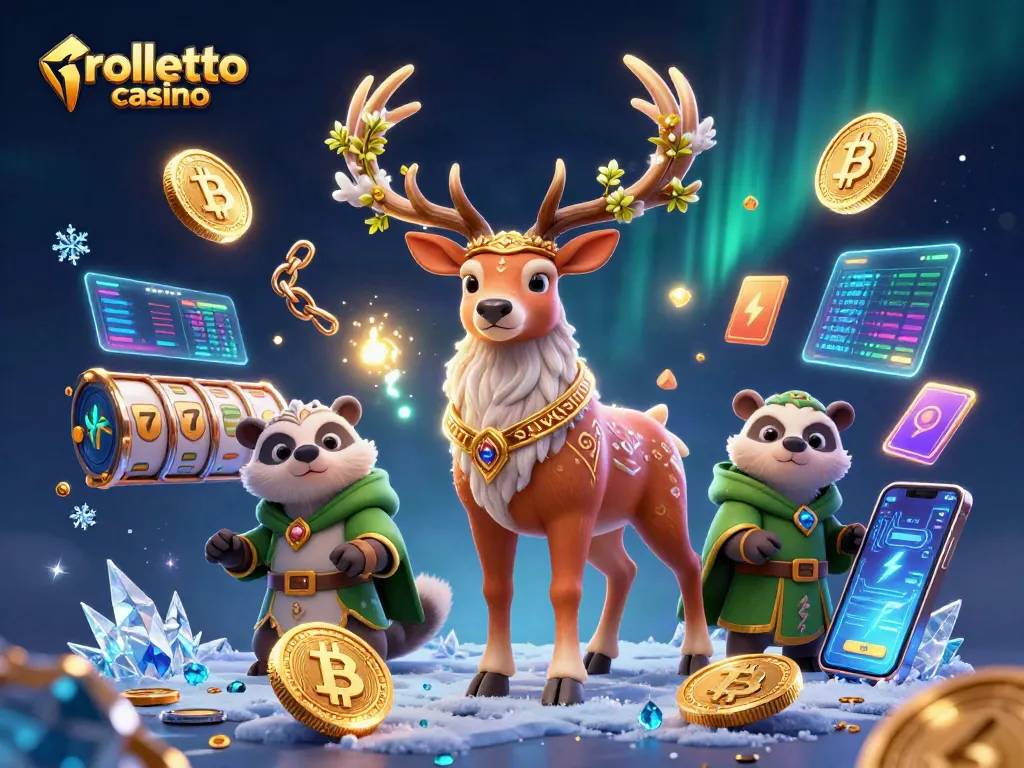 Experience the excitement at Rolletto Casino with vibrant 3D illustrations of games and crypto elements.
