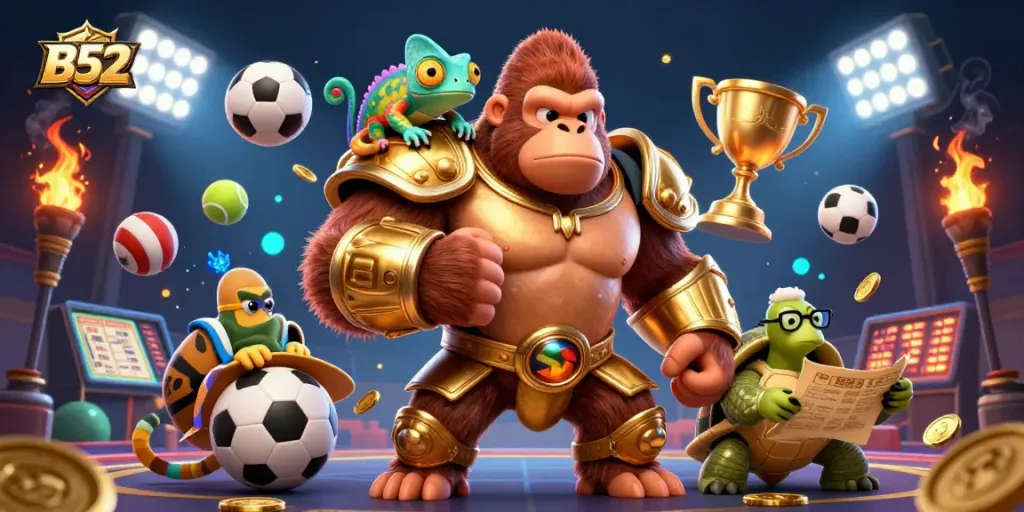 B52 offers thrilling online casino adventures, featuring a king, chameleon spy, and tortoise elder in action.