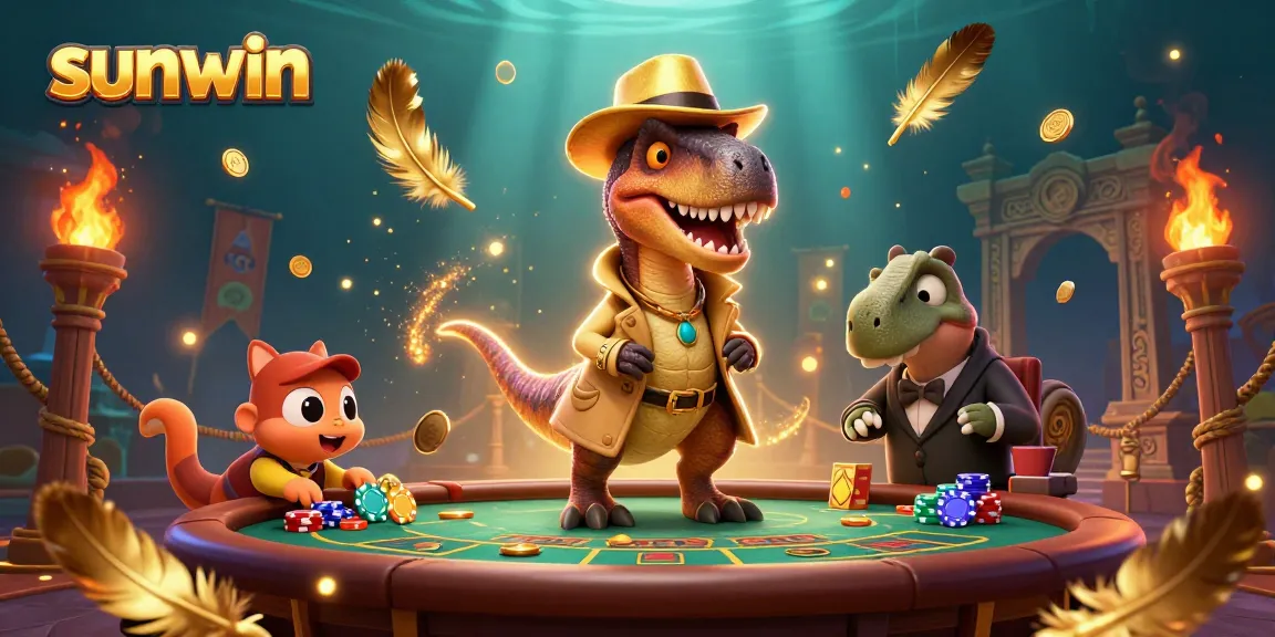 Experience thrilling gameplay at sunwin with dinosaurs at a blackjack table in a vibrant 3D illustration.