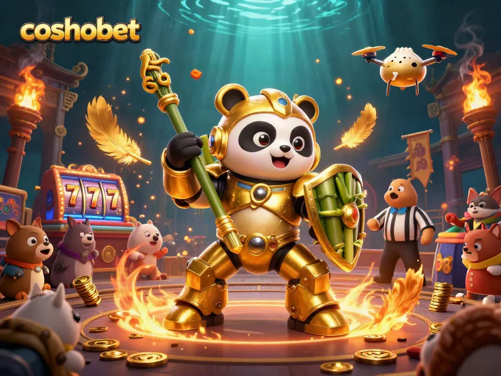 Experience exciting casino action with cosmobet in dynamic 3D illustration featuring golden panda and game elements.