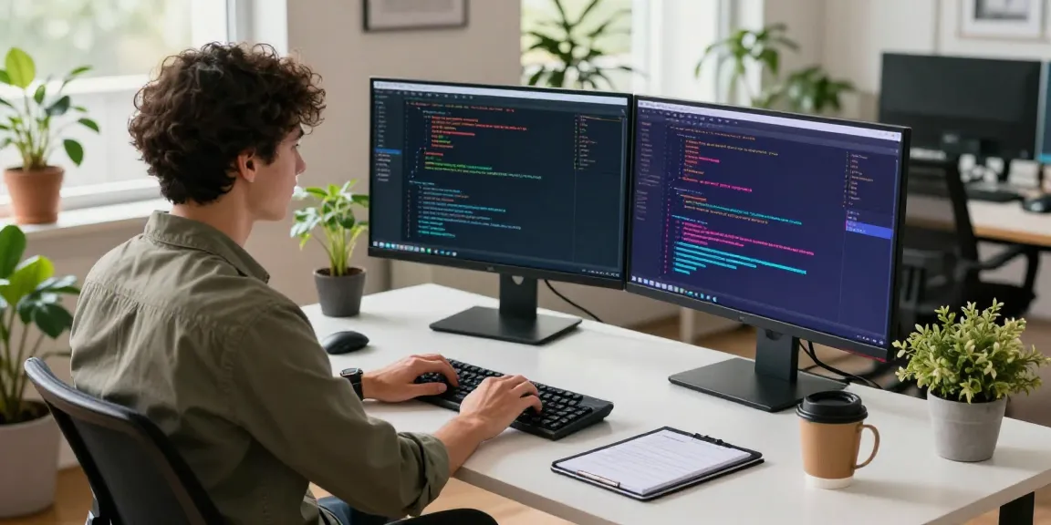 Developer optimizing instant indexing in a vibrant tech workspace with dual monitors and coding tools.