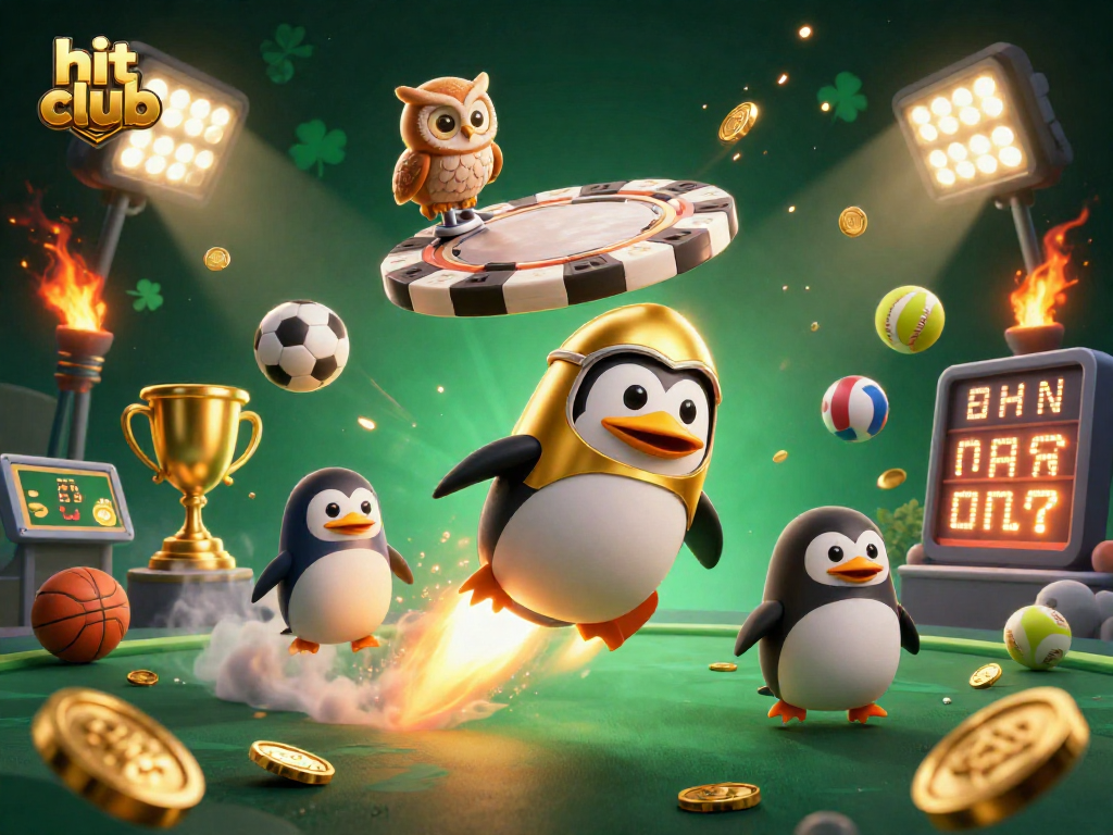 Experience the excitement of hit club with a dynamic casino-themed scene featuring a golden penguin.