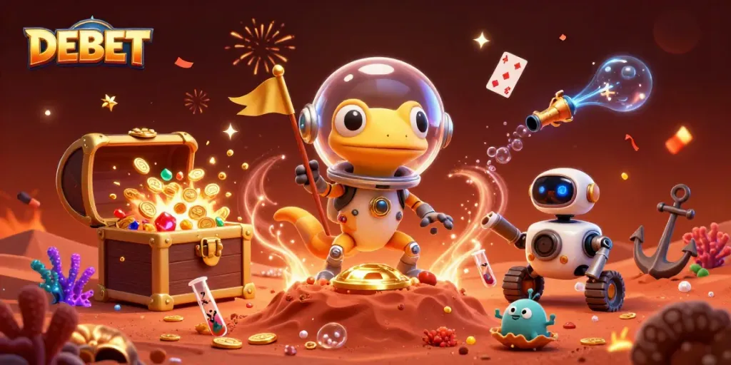 Engage with DEBET's thrilling casino adventure featuring a Martian gecko and aliens.