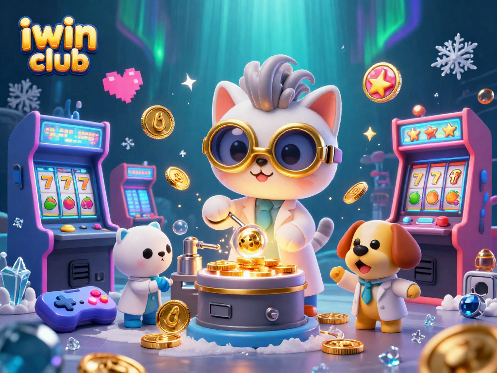 Join the excitement at iwin club as the mad scientist cat and loyal dog play with vibrant casino elements.