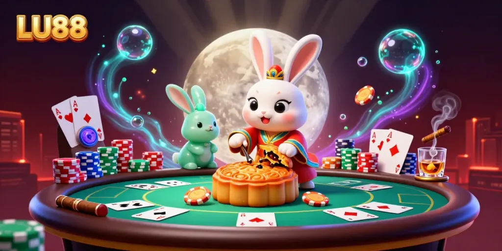 Experience thrilling poker action with LU88 as a moon rabbit celebrates victory amid shimmering poker chips.