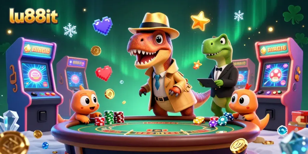 Engaging scene with a velociraptor card counter and a stegosaurus pit boss at the LU88it casino table, dynamic gaming elements.