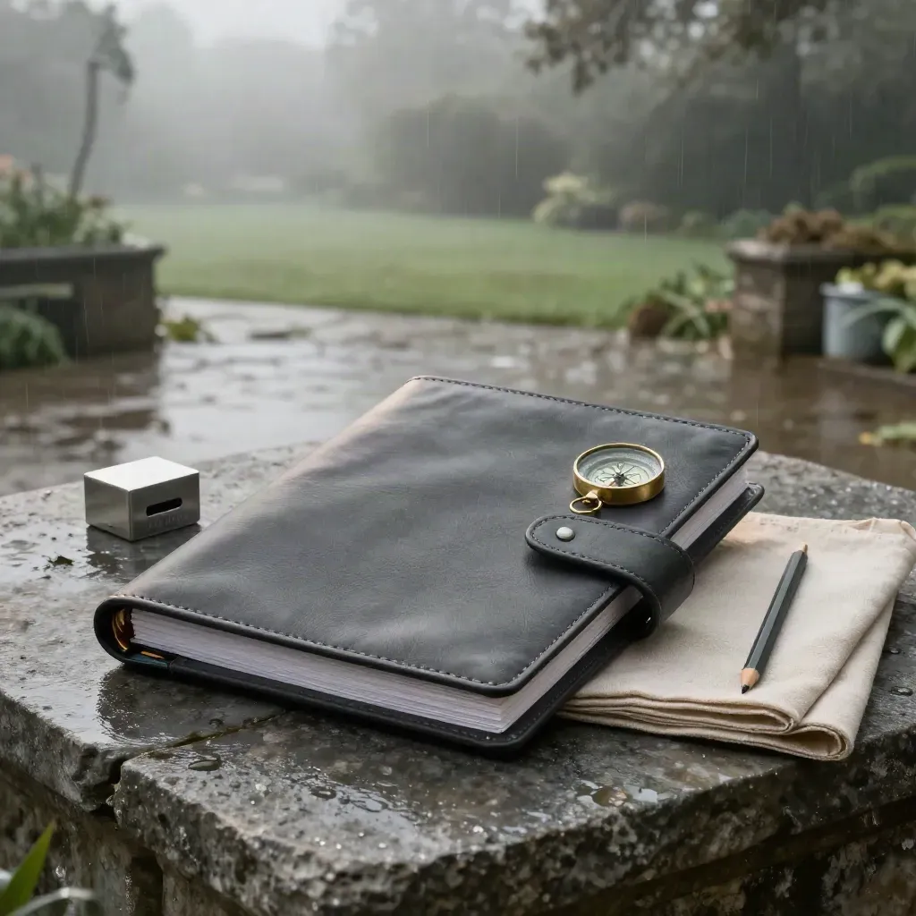Leather strategy binder with brass compass on rain-dark stone at dawn