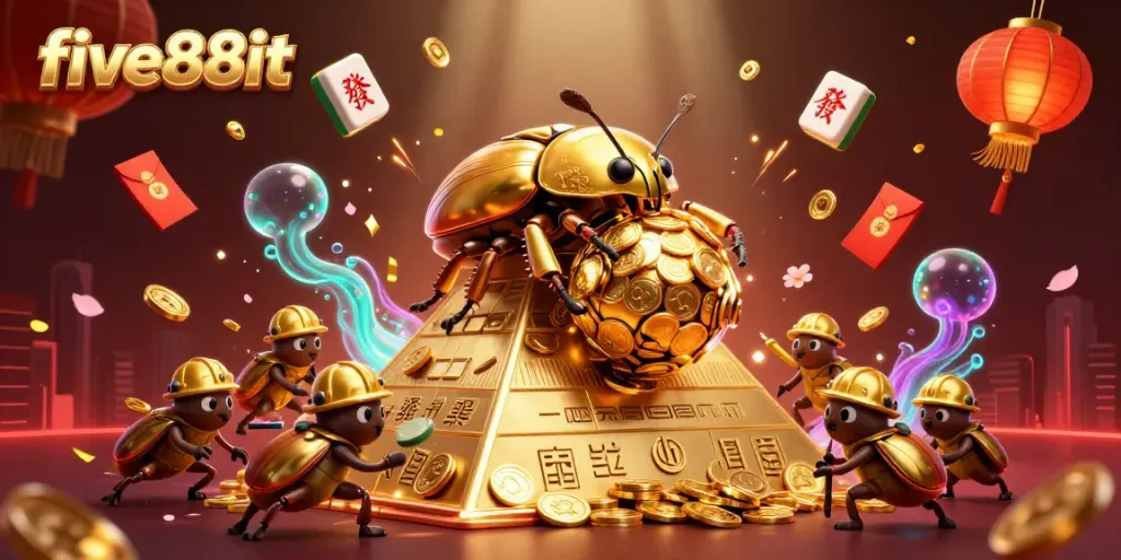 Engage with five88it as a golden beetle rolls coins to victory, surrounded by festive casino symbols.
