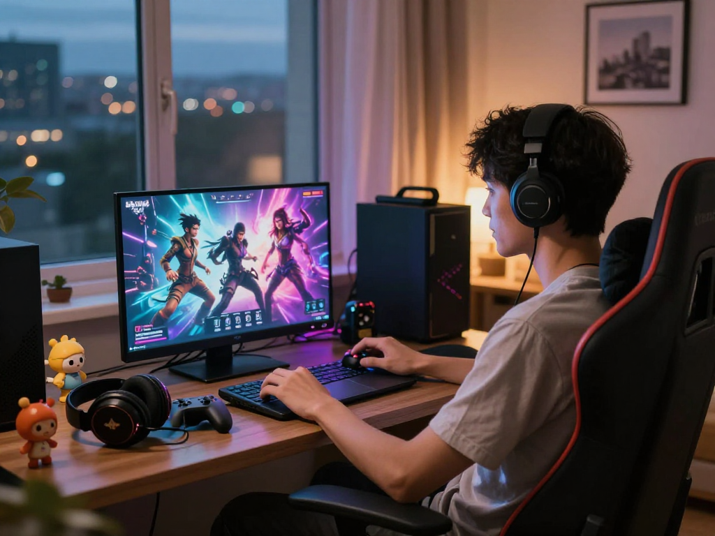 Engaged user enjoying AI porn games on a laptop in a cozy room with ambient lighting.