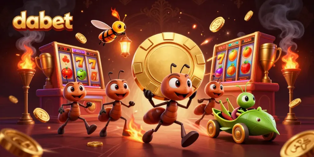 Experience the thrill of dabet with a dynamic heist by cartoon ants in a colorful casino scene.