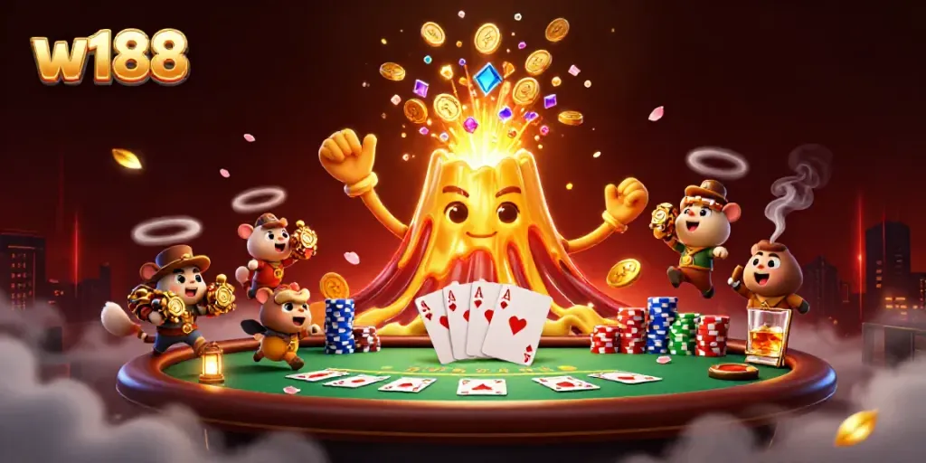 Experience thrilling w188 casino adventures with golden volcano treasure and poker excitement in this vibrant scene.