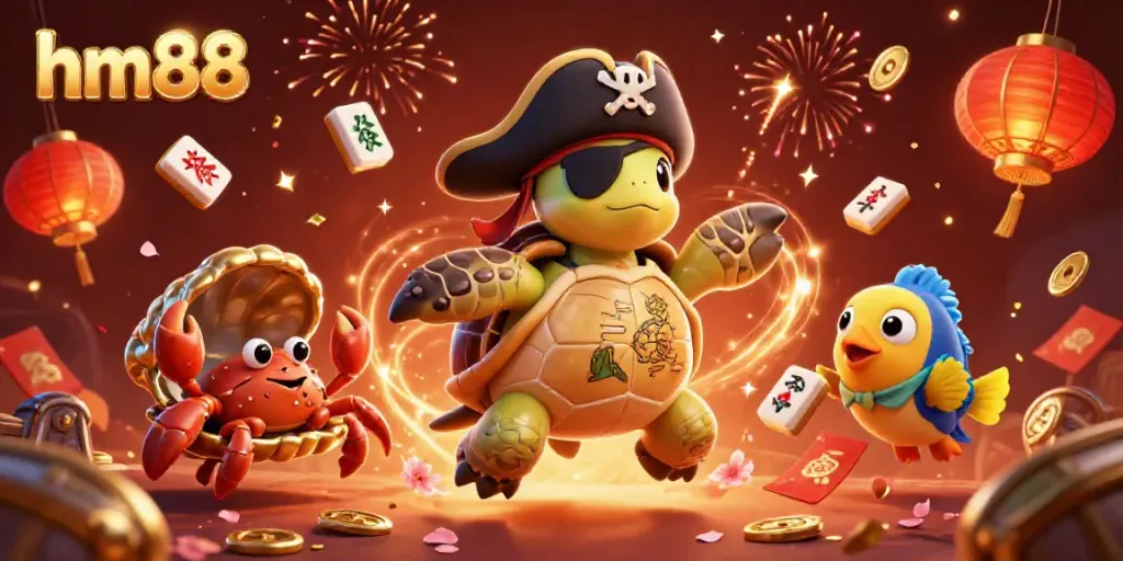 Celebrate with hm88's vibrant, high-quality casino illustration showcasing fun characters and festive elements.