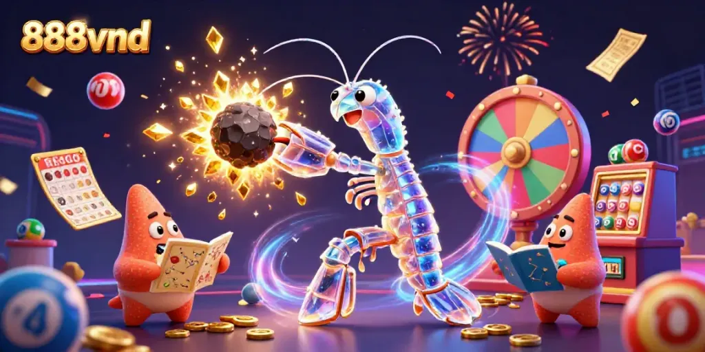 Experience 888vnd's vibrant gaming universe with a mantis shrimp hero in a dazzling 3D casino scene.