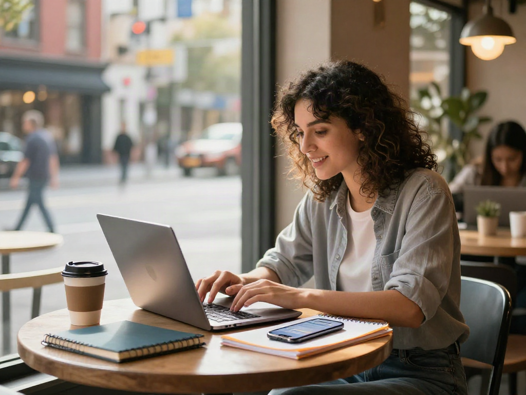 Young woman explores ai slut concepts while brainstorming creatively in an urban café setting.