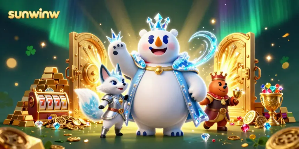 Engage with sunwinw features including slot reels and treasures in a vivid, animated casino scene.