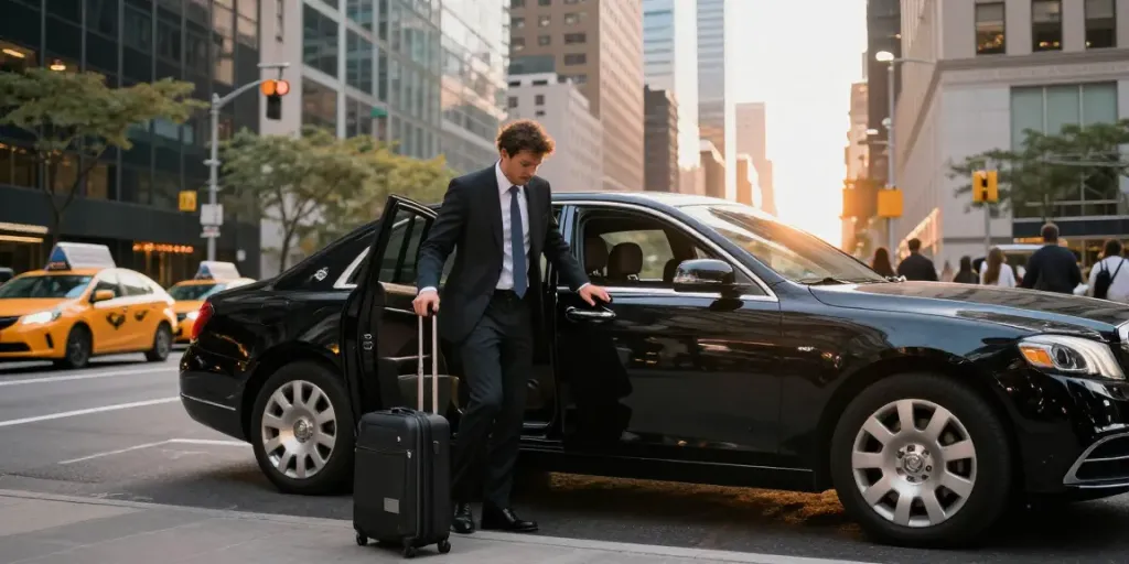 Car service from NYC with a professional chauffeur helping a traveler in a luxury vehicle amidst the city skyline.