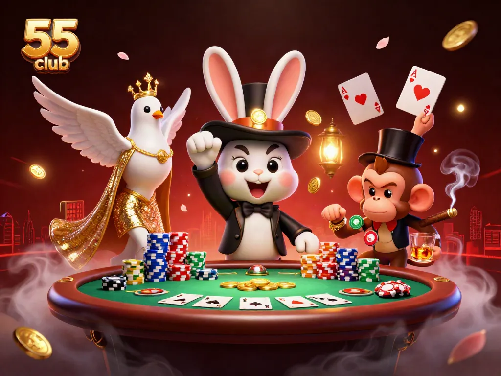 Join the 55 club and experience the thrill of winning big at this vibrant online casino scene with magical characters.