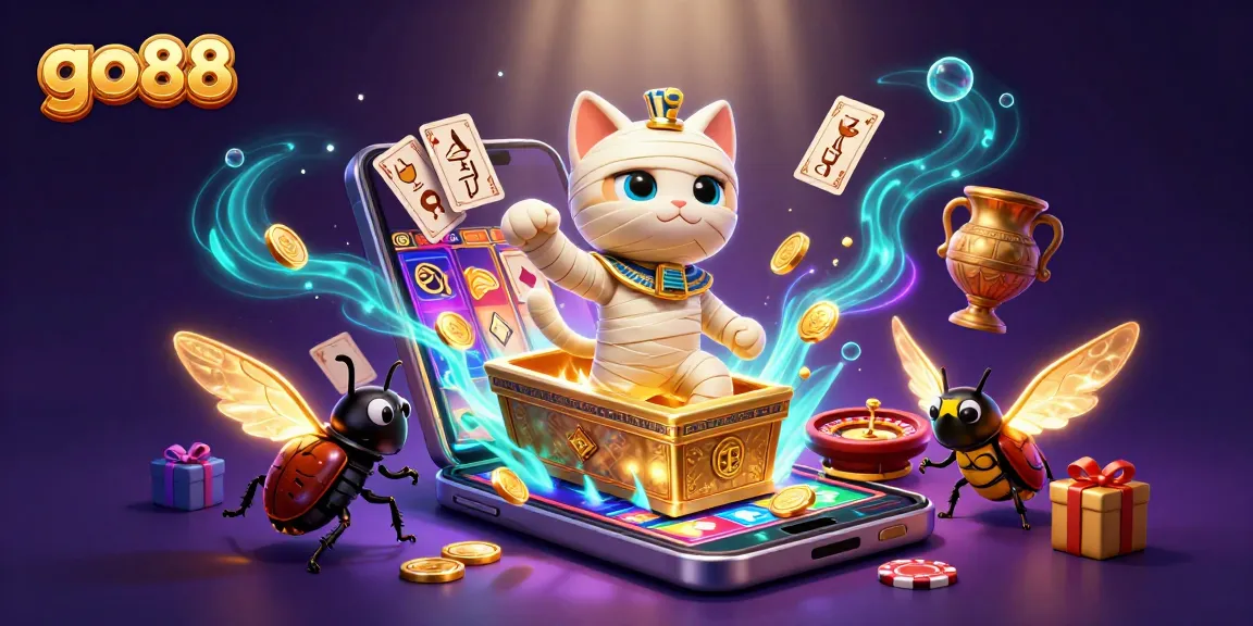 Experience go 88 action with an Egyptian mummy cat and a scarab beetle in a vibrant casino scene.