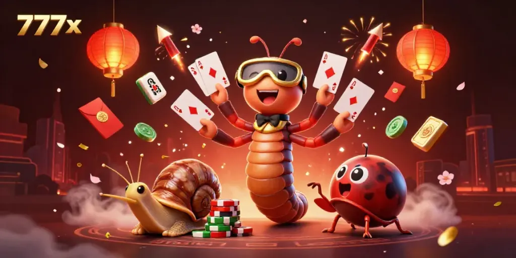 Experience the excitement of 777x as a cartoon millipede dealer showcases vibrant cards and festive elements in a dynamic casino scene.