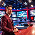 Sportscaster delivering news in a live studio setting focusing on Sports Broadcasting