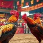 Dynamic cockfighting scene at sv368win.live, featuring vibrant gamecocks and an excited crowd.